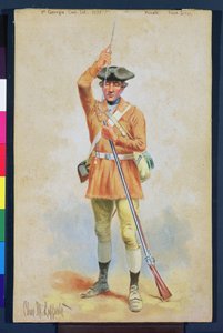 Az amerikai forradalom egyenruhái: 1777-es privát mezei ruha az 1. Georgia kontinentális gyalogságtól (gouache és wc papíron) alkotó: Charles MacKubin Lefferts