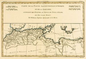 Észak-Afrika, beleértve Tripoli, Tunisz és Algír Királyságokat; Fez és Marokkó, Guillaume Raynal (1713-96) a Földgömb összes ismert részének atlaszából, 1780-ban, Genfben (színes)