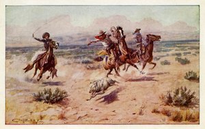 Cowboyok üldöznek egy préri farkast alkotó: Charles Marion Russell