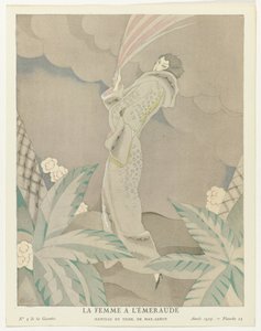 Gazette du Bon Ton 1923, No. 5, Pl. 23: The Emerald Woman – Tigriskabát, Max-Leroy (cím a tárgyon) alkotó: Charles Martin