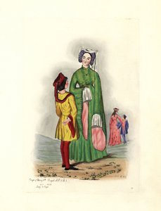 Tipikus női viselet V. Henrik idejében, illusztráció az „Anglia polgári viseletei a honfoglalástól napjainkig” c. alkotó: Charles Martin