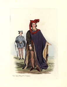 Tipikus férfi viselet IV. Henrik és V. Henrik idejében, illusztráció az „Anglia polgári viseletei a honfoglalástól napjainkig” c. alkotó: Charles Martin