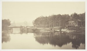 Cím nélkül, c. 1850. [Híd és faház a Bois de Boulogne-ban, egy párizsi park]. alkotó: Charles Marville