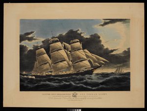 A Dreadnought Clipper hajó a Tuskar Lightnál 12 1/2 napra New Yorkból, a híres áthaladáson a liverpooli dokkba 13 nap 11 óra alatt 1854. december... (litográfia, színes) alkotó: Charles & Mcfarlane Duncan (1818 1865) Parsons