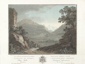 Berglandschap Zvájcban Kilátás az Oberhashi-völgyre (cím a tárgyon) Figyelemre méltó kilátás a svájci hegyekre (sorozat címe) alkotó: Charles Melchior Descourtis