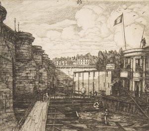 Bain-froid Chevrier Chevrier hidegfürdő létesítménye, avagy The School Baths, Párizs, 1864. alkotó: Charles Meryon