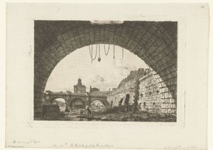 Gezicht op Pont-Neuf van onder boog Pont-au-Change Párizsban A Pont Neuf és a Samaritaine a Pont au Change első íve alól alkotó: Charles Meryon