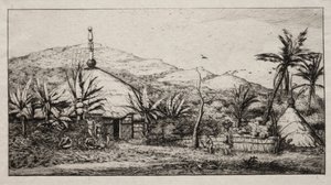 Új-Kaledónia: Nagy bennszülöttkunyhó a Balade-Puebo felé vezető úton, 1845