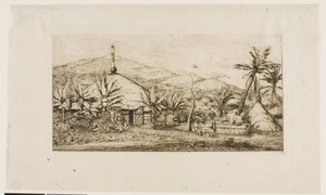 Új-Kaledónia: Nagy bennszülöttkunyhó a Balade-Puépo felé vezető úton, 1845 alkotó: Charles Meryon
