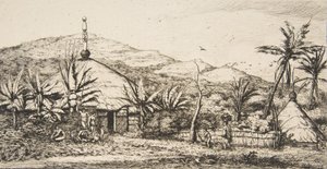 Új-Kaledónia: Nagy bennszülött kunyhó a Balade-Puebo felé vezető úton, 1845, 1863. alkotó: Charles Meryon
