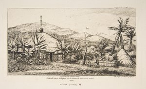 Új-Kaledónia: Nagy bennszülött kunyhó a Balade-ból Puebo felé vezető úton, 1845, az „Utazás Új-Zélandra (1842-46)” című műből alkotó: Charles Meryon