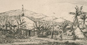 Új-Kaledónia, Új-Kaledónia: nagy bennszülött kunyhó a Poepo felé vezető sétányon, illusztráció az "Etching of the Pacific..." című filmből, 1863 alkotó: Charles Meryon