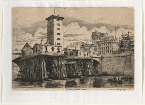 Notre Dame szivattyúház, Párizs, 1852. alkotó: Charles Meryon