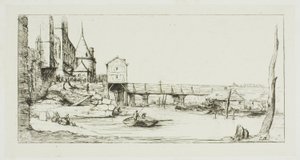 A gyaloghíd ideiglenesen felváltja a Pont-au-Change-ot, Párizs, az 1621-es tűzvész után alkotó: Charles Meryon