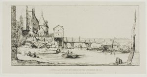 A gyaloghíd ideiglenesen felváltja a Pont-au-Change-ot, Párizs, az 1621-es tűzvész után alkotó: Charles Meryon