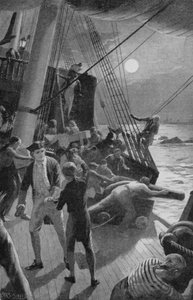 Mivel Cook kapitány hajója veszélyben volt, a legénység a fedélzetre dobta a fegyvereket (litho)