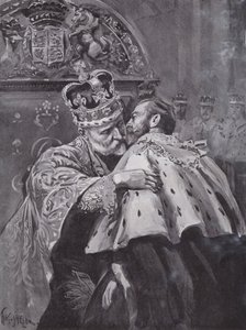 VII. Edward király átöleli fiát, a walesi herceget a király koronázásán, a londoni Westminster apátságban