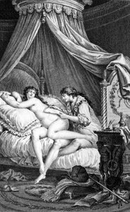 Illusztráció Choderlos de Laclos „Veszélyes kapcsolataihoz”. Charles Monnet (1732-1808) metszete: Valmont levelet ír Emilie (egy udvarhölgy) hátára.