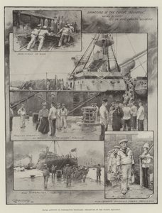 Haditengerészeti tevékenység a portsmouthi kikötőben, a repülőszázad távozása (litho) alkotó: Charles Murray (after) Padday