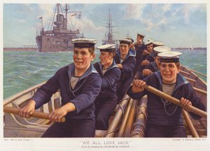 A HMS Triumph matrózai eveznek a kikötőben (színes litográfia) alkotó: Charles Murray (after) Padday