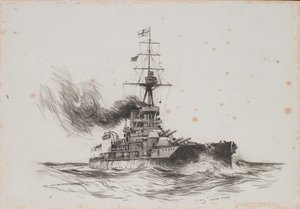 Az Iron Duke brit hajó. Charles M. Padday () rajza (25,5x36,8 cm), 20. század eleje.