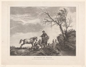 Utazók megállás közben Baleset az utazás során. (cím a tárgyon) alkotó: Charles Nicolas Cochin (II)