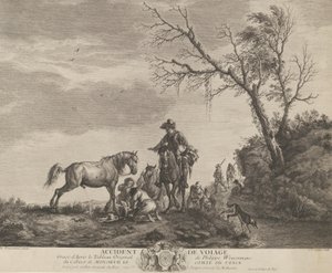 Baleset utazás közben, egy térdelő férfi törött nyerget javít, egy ló pisizik a ...-ra, 1740-50.