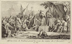 I. Alfons, Toulouse grófja átveszi a keresztet Clairvaux-i Bernard kezéből, megfogadva, hogy csatlakozik a második keresztes hadjárathoz alkotó: Charles Nicolas II Cochin