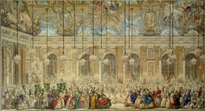 Bálmaszkot vagy Ifs labdát ajándékoz a francia Louis Dauphin (1729-1765) és a spanyol Marie Therese (Marie-Therese) esküvőjére a versailles-i Glace Galériában 1745 februárjában Charles Nicolas Cochin rajza tollal és tussal Jeune (1715-1790)
