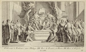 III. Fülöp francia király és III. Péter aragóniai király találkozója Toulouse-ban. alkotó: Charles Nicolas II Cochin