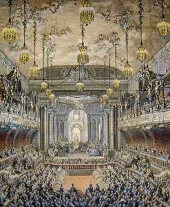 A „Navarra hercege”” című balettvígjáték bemutatása Versailles-ban, a francia Louis Dauphin és a spanyol Marie Therese (Marie-Therese) (1726-1746) házassága alkalmából Versailles-ban február 23-án. alkotó: Charles Nicolas II Cochin