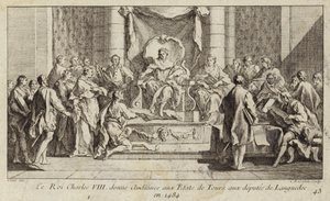 VIII. Károly francia meghallgatást tart Languedoc képviselőinek a Tours-i Estates Generalen alkotó: Charles Nicolas II Cochin
