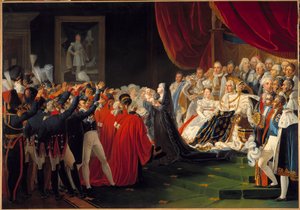 Berry hercegné bemutatja fiát, Bordeaux hercegét a népnek és a hadseregnek: Marie Caroline de Bourbon Sicily, Berry hercegnője bemutatja fiát, Bordeaux hercegét a népnek és a hadseregnek XVIII. Lajos király jelenlétében, körülveszi alkotó: Charles Nicolas Raphael Lafond
