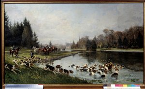 Vadászat: „” A szarvas hallalija a Sulvie-tónál, Aumale hercegének vadászata”” Charles Olivier de Penne (1831-1897) festménye 1880 V. 0,77x1,33 m Chantilly, Conde múzeum - Vadászat vadászkutyára: Szarvasok halloói a Sulvie tavánál, vadászat