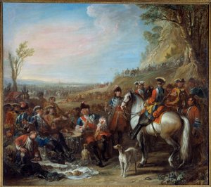 Gránátosok megállítása lóháton a királyházból (1734). Középen Monsieur de Creil, parancsnok. Charles Parrocel festménye (1688-1752)