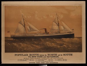 Népszerű útvonal Észak és Dél között New Yorkon és Savannah-n keresztül, a Savannah-i Ocean Steamship Company... Augusta városa... (litográfia, színes) alkotó: Charles Parsons