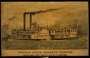 Préri állam. Baldwin, mester. Egy menetrend szerinti hajójárat St. Louisból La Salle-ba, az Illinois folyón (litográfia, színes). alkotó: Charles Parsons