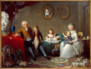 Jean Pierre Dourcet családja, a királyi nemesség családja a forradalom idején. Liliomvirág kerül az asztalra és a király és királyné mellszobra. Charles Landon (1760-1826) festménye 19. századi Grenoble Musee des Beaux Arts