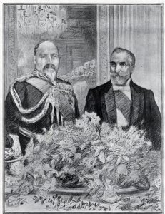 Szívélyes: Emile Loubet francia elnök londoni látogatása – a bankett a francia nagykövetségen – VII. Edward király és Loubet – Paul Renouard a The Graphic című újság számára készített. 1903. július. alkotó: Charles Paul Renouard