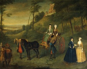 Lads and Maids of Honor a Greenwich Parkban: Juliana, Leeds hercegnőjének, Lady Charlotte Hamiltonnak, Lady Isabella Tuftonnak és Henrietta, Pomfret grófnőjének csoportképe, valamennyien lovaglási szokásokat viselnek, vőlegénnyel és lovakkal az Obszervatór