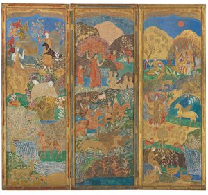 Hárompaneles képernyő, 1916-1917 körül (olaj és arany levél kovácsolt fán)