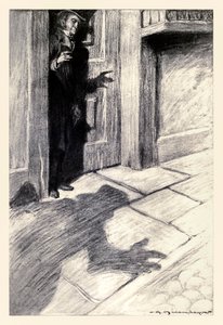 Mr. Utterson tudatában volt egy furcsa, könnyű lépés közeledésének Robert Louis Stevenson (1850-1894) „Dr. Jekyll és Mr. Hyde különös esetéből”, amelyet Charles Raymond Macauley (1871-1934) illusztrált.