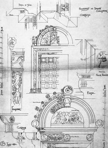 Certosa di Pavia, Ajtó a kis kolostorban, 1891 (Oldal a vázlatfüzetből, tinta patronpapíron) alkotó: Charles Rennie Mackintosh