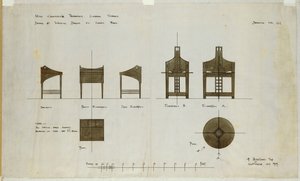 Íróasztal-tervek elöl és oldalsó nézetben, az Ingram Street Tea Roomshoz, 1909 alkotó: Charles Rennie Mackintosh