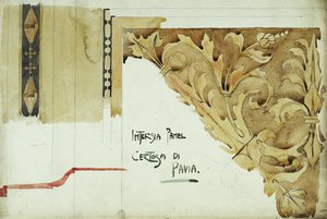 Intarsia Panel, Certosa di Pavia, 1891 (ceruza és akvarell papíron) alkotó: Charles Rennie Mackintosh
