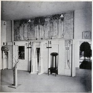 Egy bécsi dekoratív művészeti szalon belső képe, 1900 körül (Charles Rennie és Margaret MacDonald Mackintosh dekorációja és bútorai) alkotó: Charles Rennie Mackintosh