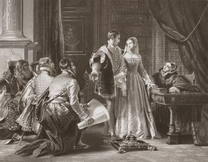 Lady Jane Grey vonakodása a koronát elfogadni, A.H. Payne metszet (litho) alkotó: Charles Robert (after) Leslie