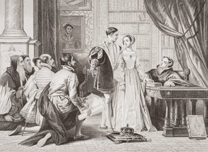 Lady Jane Grey vonakodása a korona elfogadásától, Sion House, 1553. július 8., az "Illustrations of English and Scottish History" I. kötetéből.