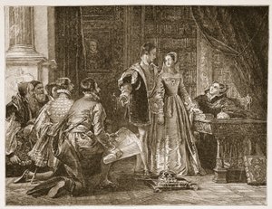Lady Jane Grey vonakodása a korona elfogadásától, Sion House, 1553. július 8., illusztráció a "The Church of England: A History for the People", H.D.M. Spence-Jones, kiadó: 1910 körül (szepiaszínű fotó).