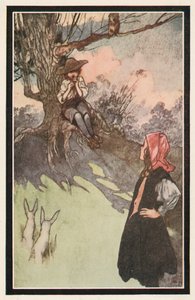 Egy fiú ült egy fa alatt, és egy durva facsövön játszott alkotó: Charles Robinson